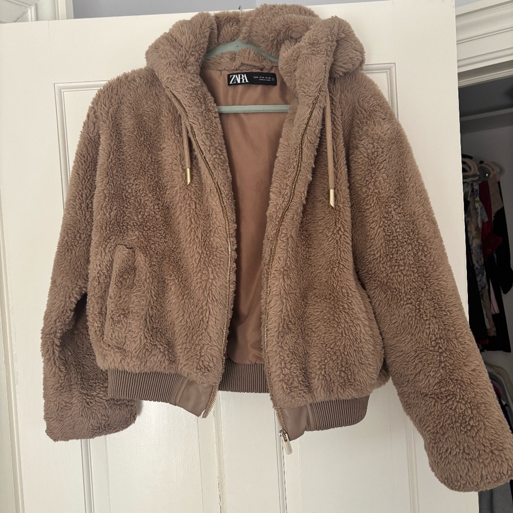 Zara Cropped Teddy Hoodie Jacket